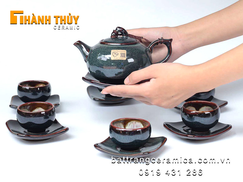 Bộ ấm chén hỏa biến gấm xanh độc đáo cao cấp quà tặng sang trọng