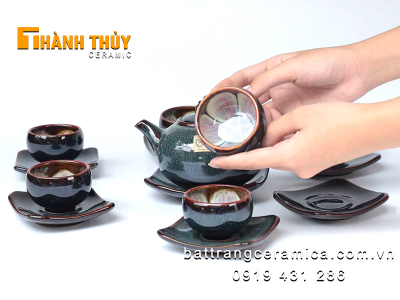 Bộ ấm chén hỏa biến gấm xanh độc đáo cao cấp quà tặng sang trọng