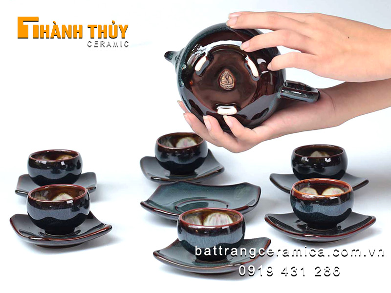 Bộ ấm chén hỏa biến gấm xanh độc đáo cao cấp quà tặng sang trọng