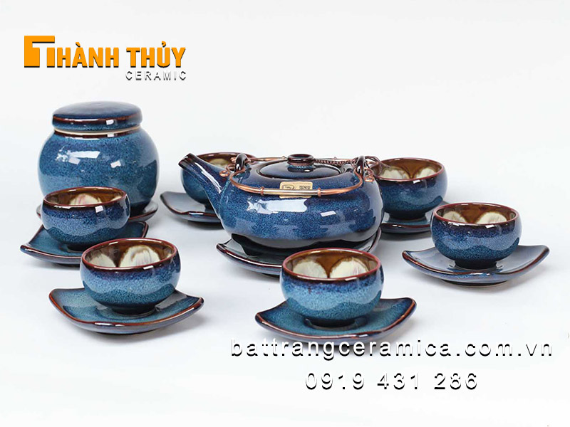 Bộ ấm quai đồng men hoả biến xanh đại dương cao cấp sang trọng