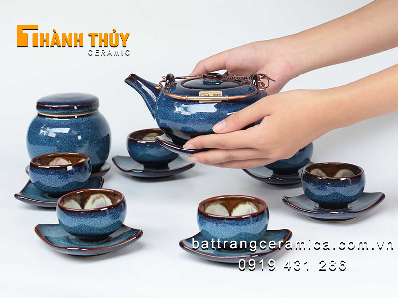 Bộ ấm quai đồng men hoả biến xanh đại dương cao cấp sang trọng