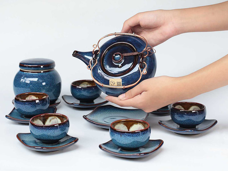 Bộ ấm quai đồng men hoả biến xanh đại dương cao cấp sang trọng