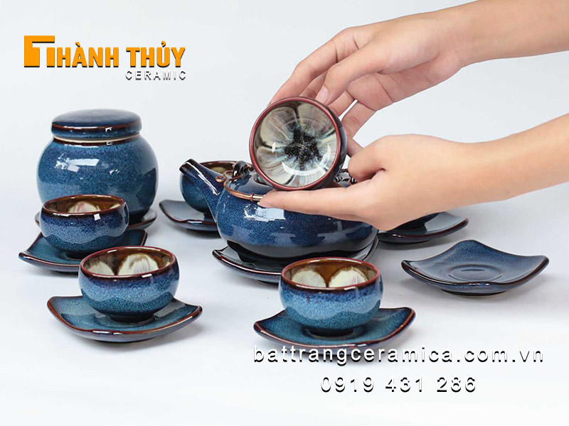 Bộ ấm quai đồng men hoả biến xanh đại dương cao cấp sang trọng