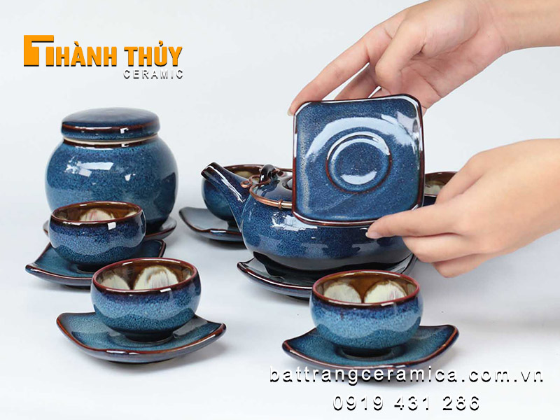 Bộ ấm quai đồng men hoả biến xanh đại dương cao cấp sang trọng
