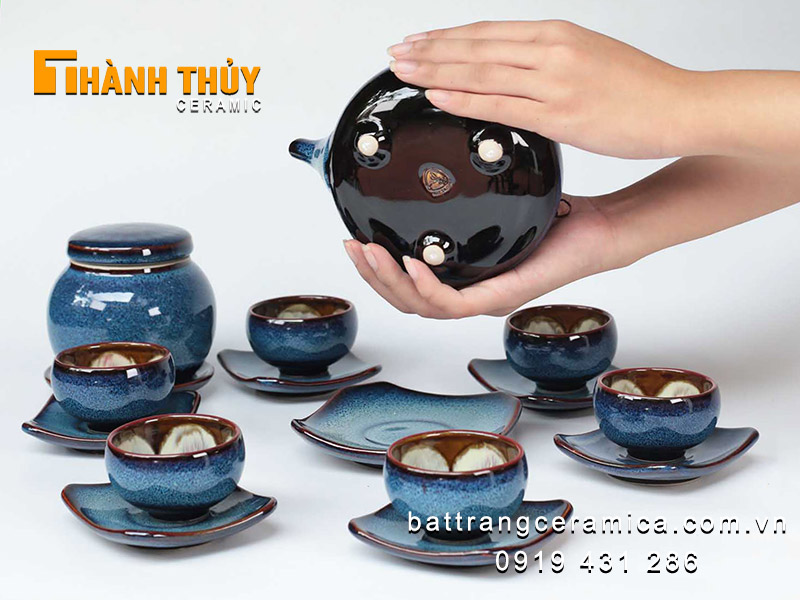 Bộ ấm quai đồng men hoả biến xanh đại dương cao cấp sang trọng