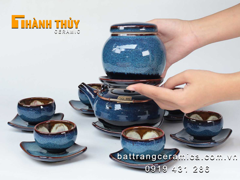 Bộ ấm quai đồng men hoả biến xanh đại dương cao cấp sang trọng