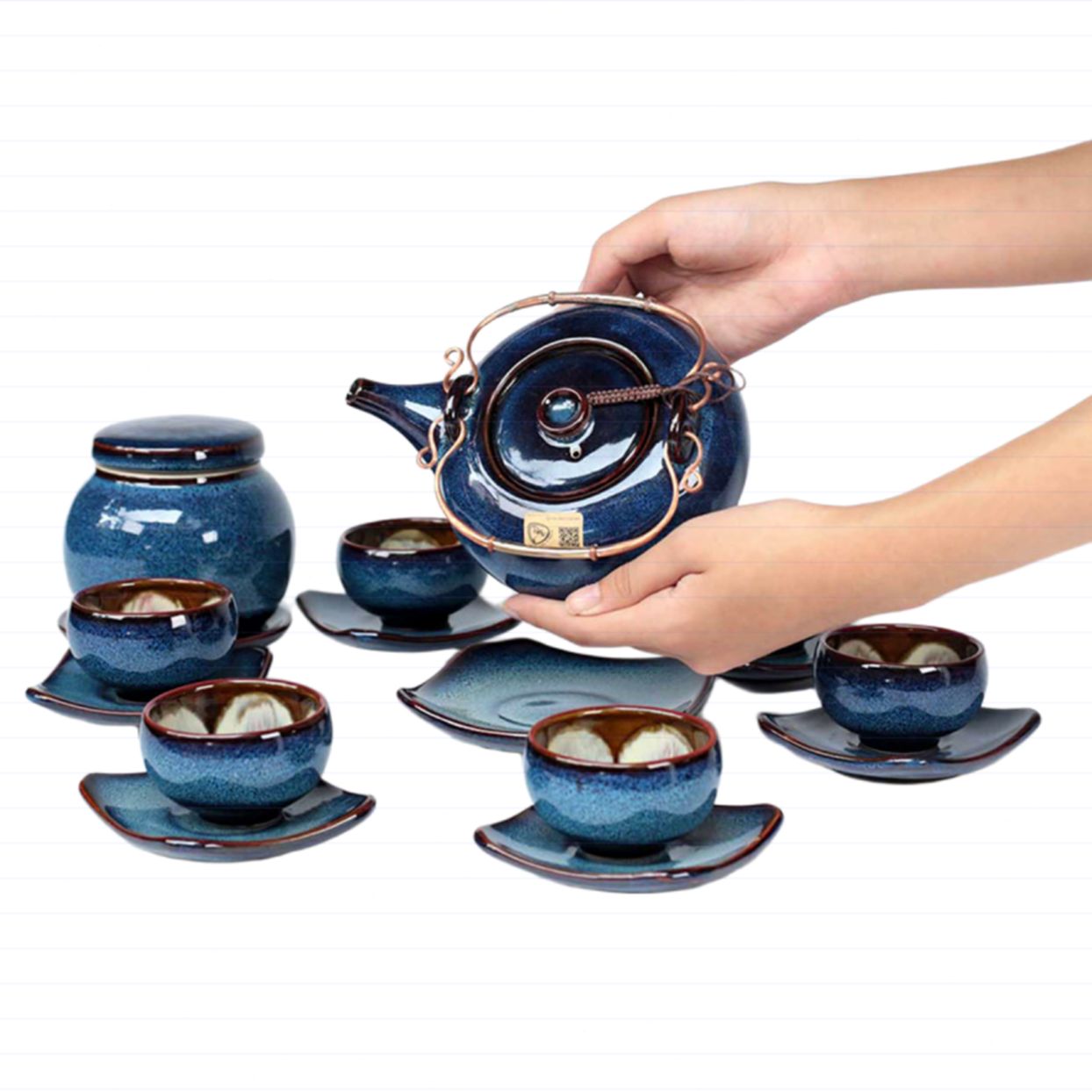 Bộ ấm quai đồng men hoả biến xanh đại dương cao cấp sang trọng 