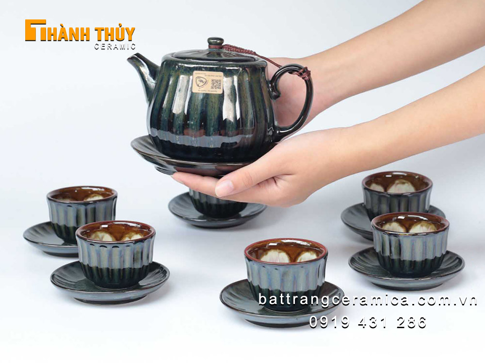 Bộ ấm chén hoả biến xanh ngọc lục sang trọng quà tặng độc đáo