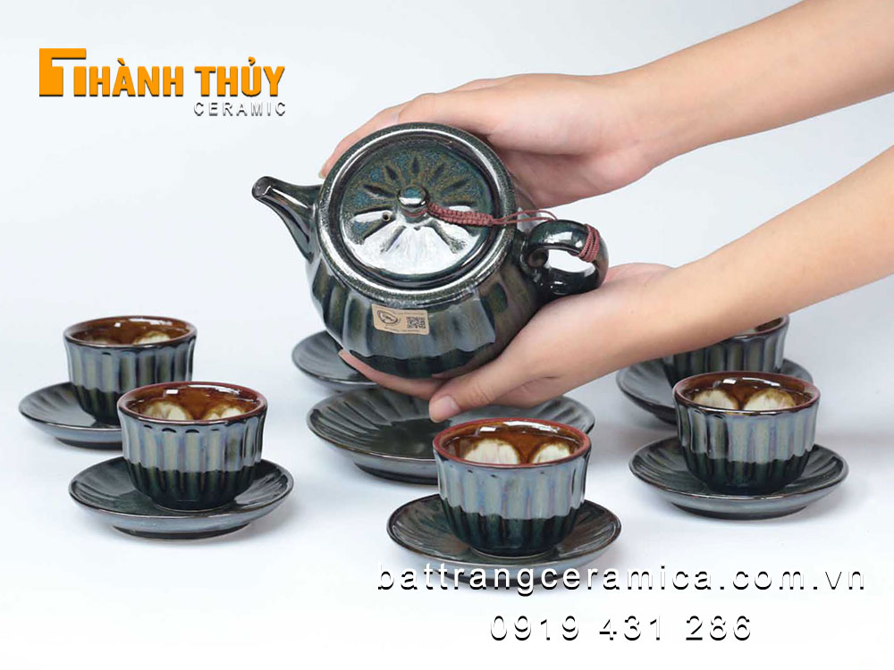 Bộ ấm chén hoả biến xanh ngọc lục sang trọng quà tặng độc đáo