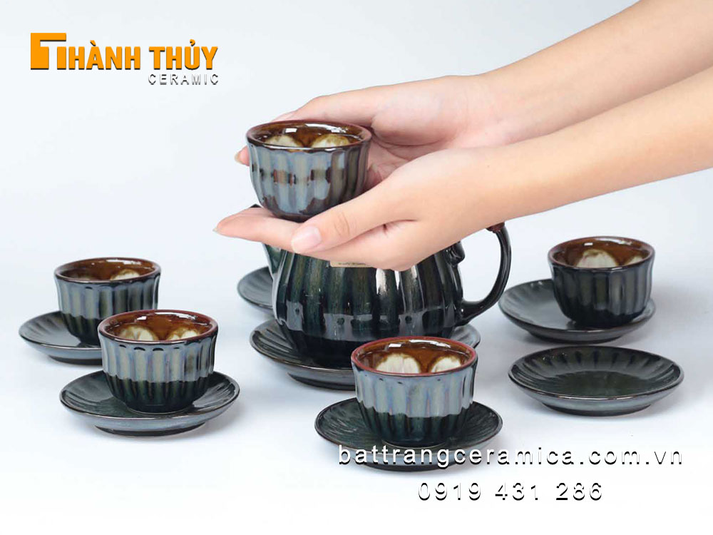 Bộ ấm chén hoả biến xanh ngọc lục sang trọng quà tặng độc đáo
