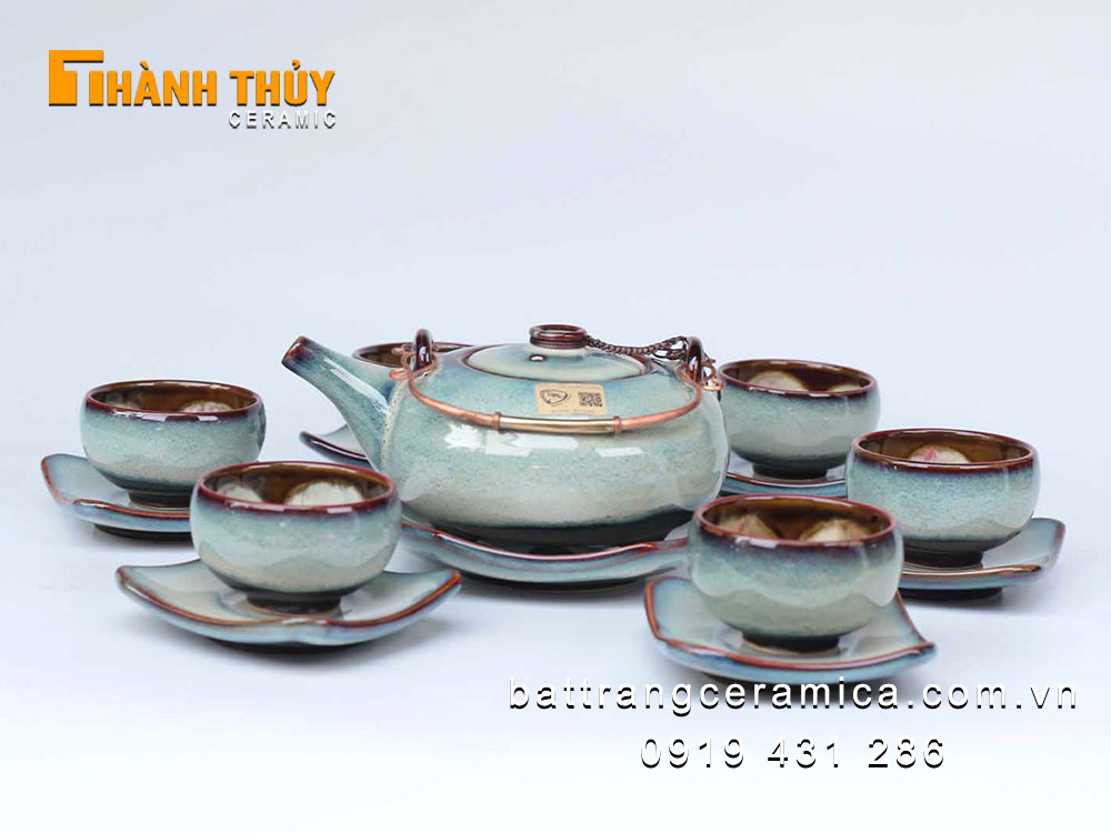Bộ ấm chén quai đồng men hỏa biến tuyết xanh sang trọng tiện ích
