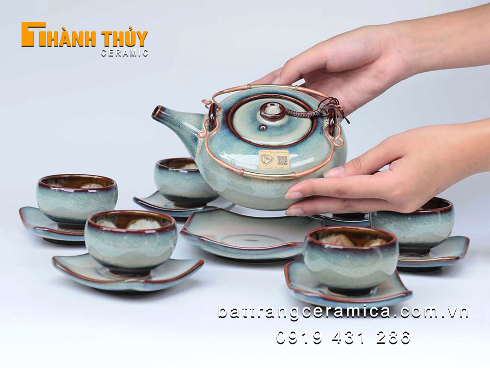 Bộ ấm chén quai đồng men hỏa biến tuyết xanh sang trọng tiện ích
