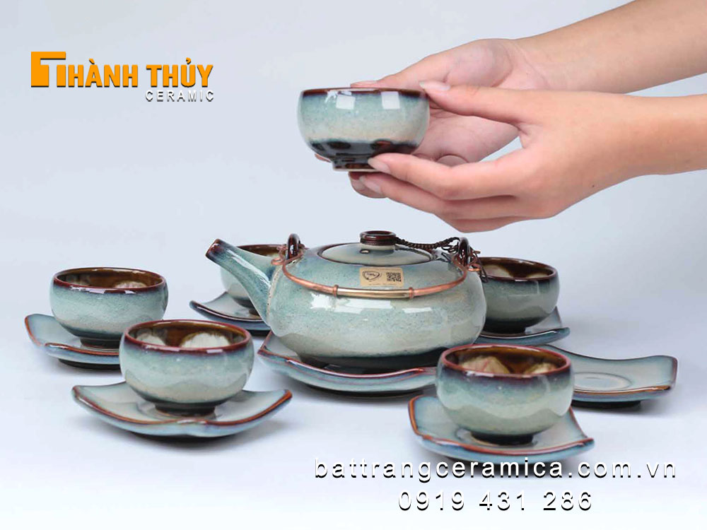 Bộ ấm chén quai đồng men hỏa biến tuyết xanh sang trọng tiện ích