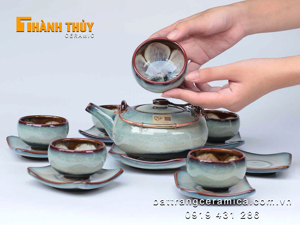Bộ ấm chén quai đồng men hỏa biến tuyết xanh sang trọng tiện ích