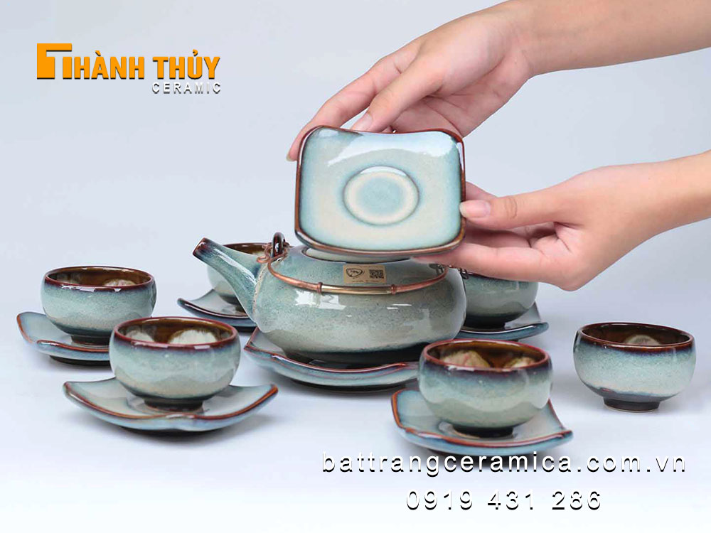Bộ ấm chén quai đồng men hỏa biến tuyết xanh sang trọng tiện ích