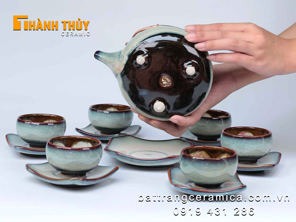 Bộ ấm chén quai đồng men hỏa biến tuyết xanh sang trọng tiện ích