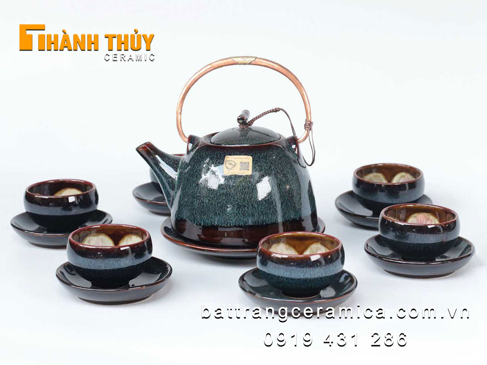 Ấm chén men hoả biến xanh Bát Tràng cao cấp đẹp độc đáo 