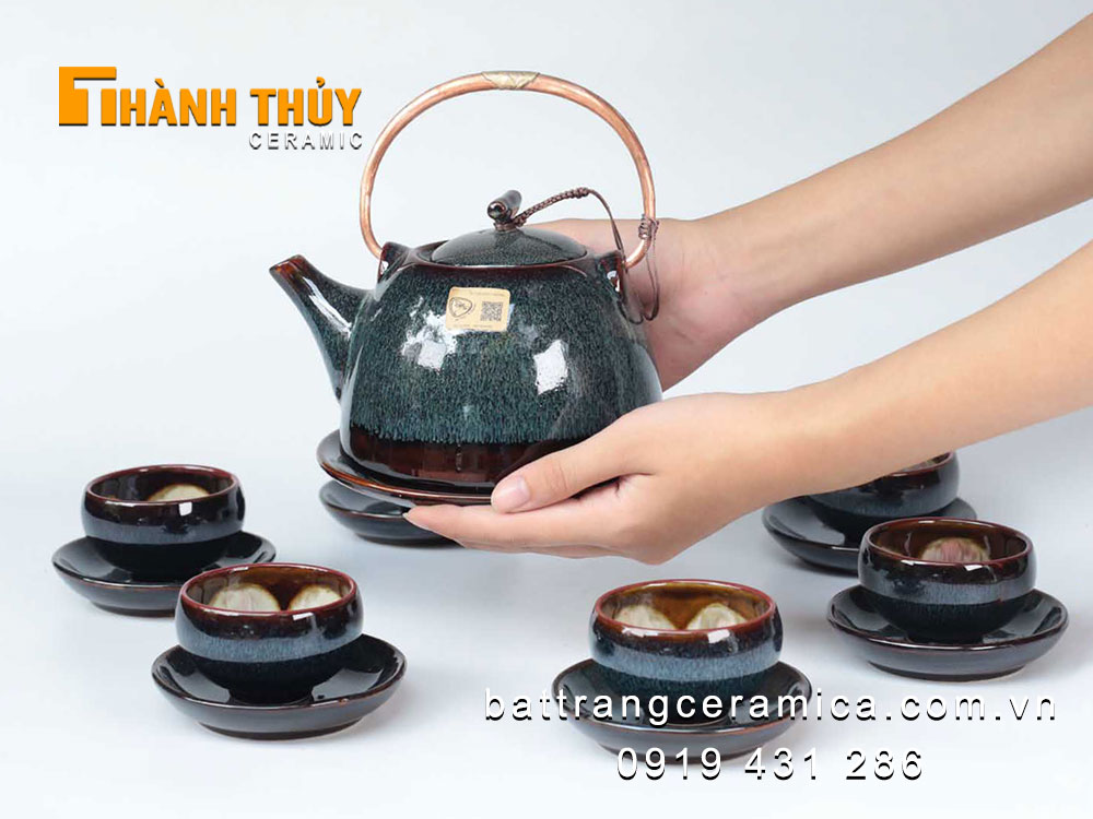 Ấm chén men hoả biến xanh Bát Tràng cao cấp đẹp độc đáo
