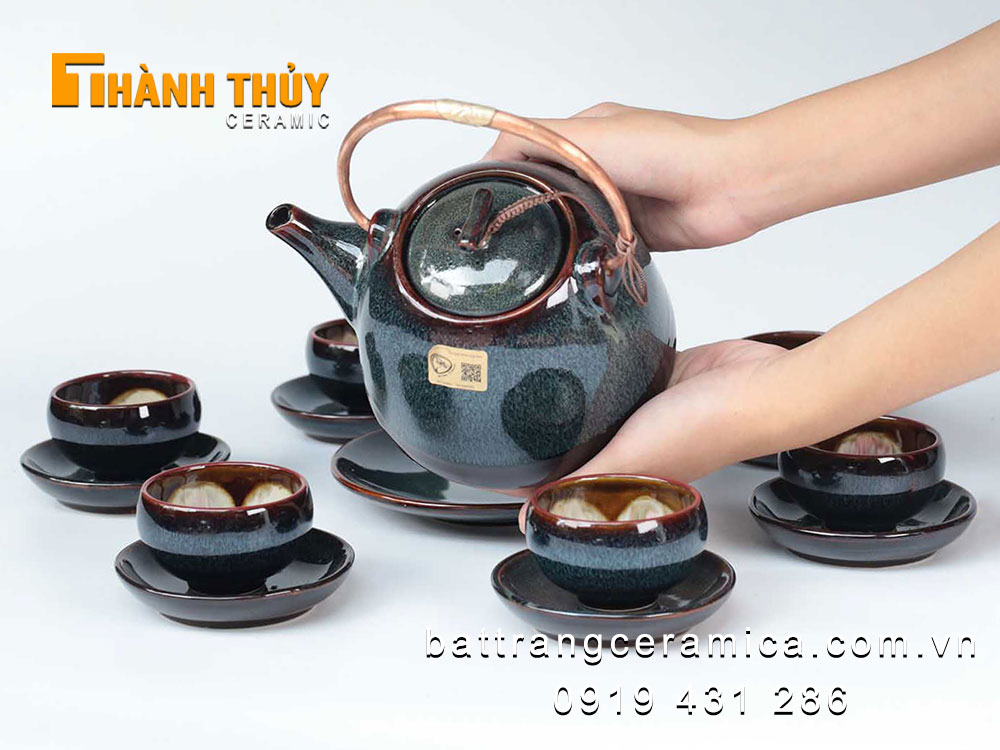 Ấm chén men hoả biến xanh Bát Tràng cao cấp đẹp độc đáo