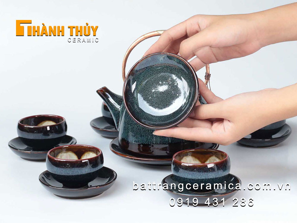 Ấm chén men hoả biến xanh Bát Tràng cao cấp đẹp độc đáo