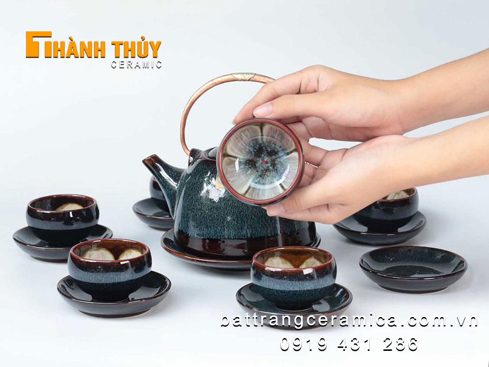 Ấm chén men hoả biến xanh Bát Tràng cao cấp đẹp độc đáo