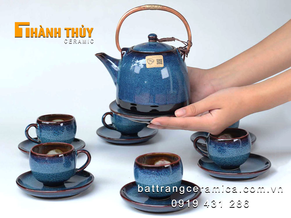 Ấm chén men hỏa biến xanh đại dương Bát Tràng cao cấp sang trọng 