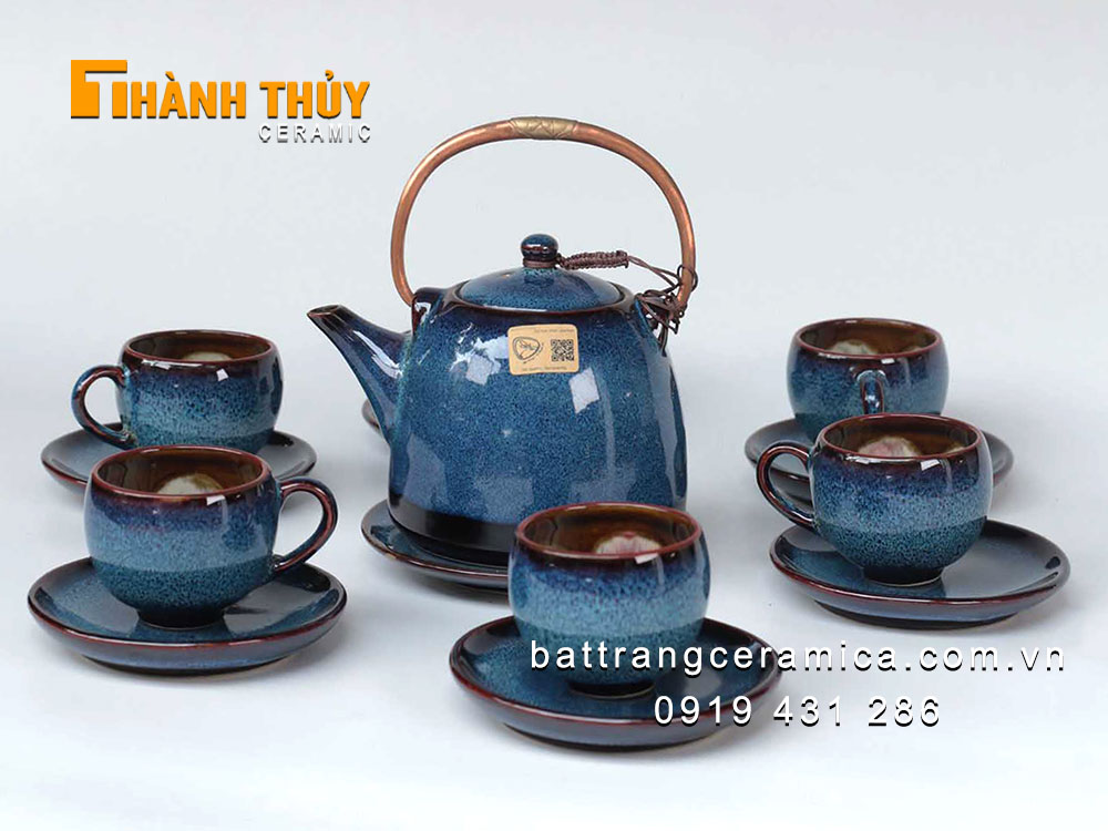 Ấm chén men hỏa biến xanh đại dương Bát Tràng cao cấp sang trọng