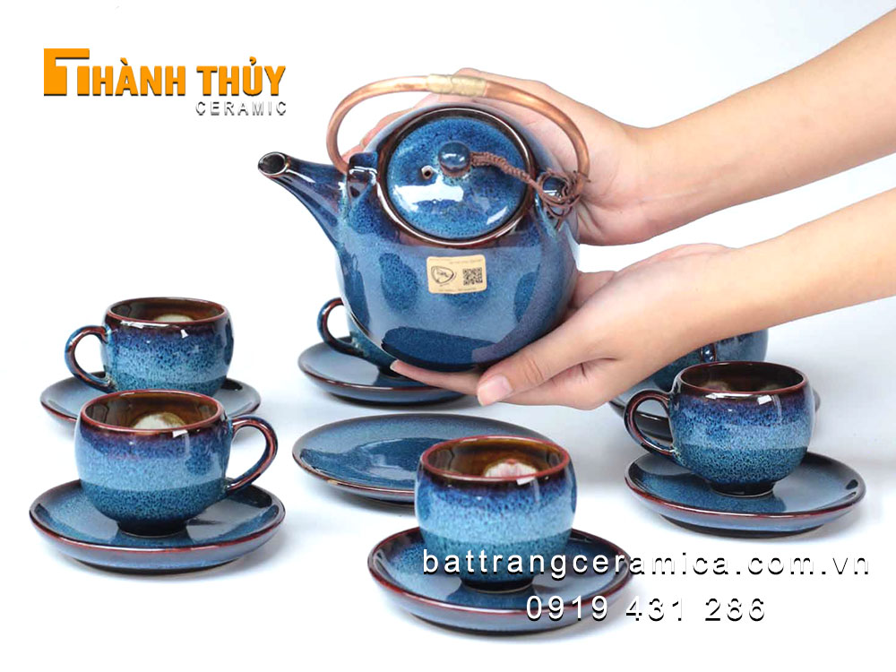 Ấm chén men hỏa biến xanh đại dương Bát Tràng cao cấp sang trọng