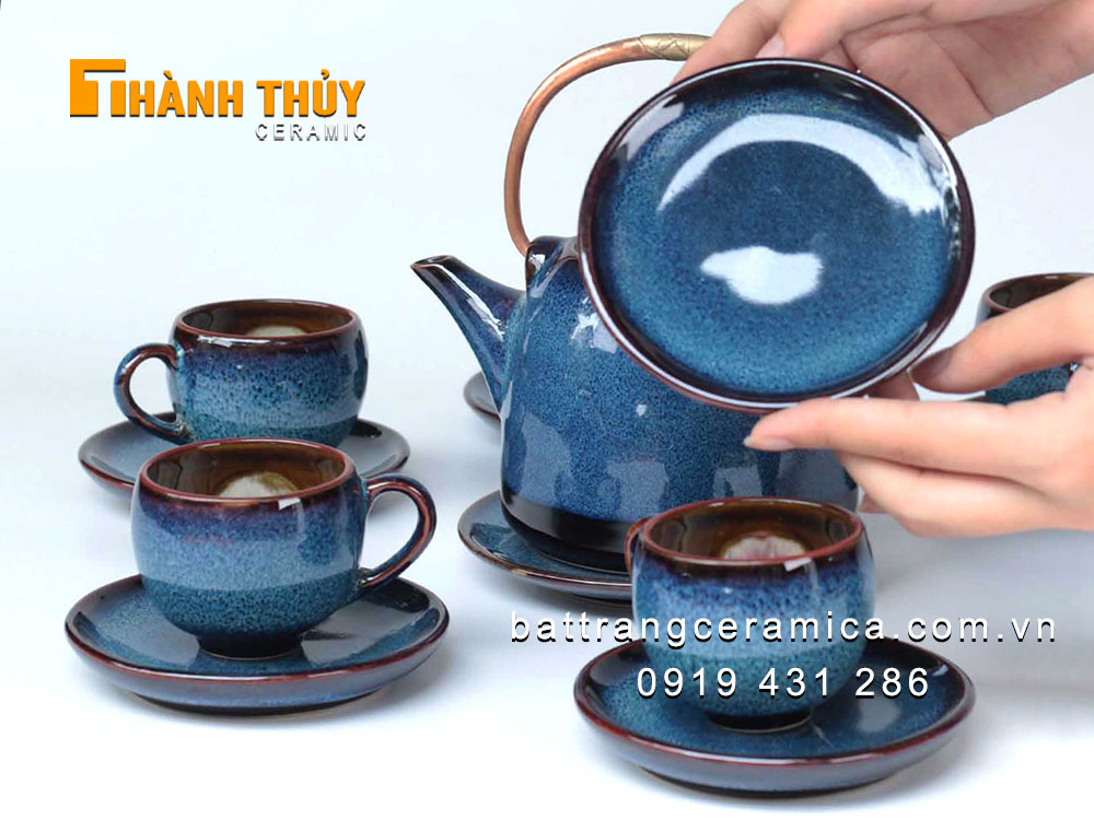 Ấm chén men hỏa biến xanh đại dương Bát Tràng cao cấp sang trọng