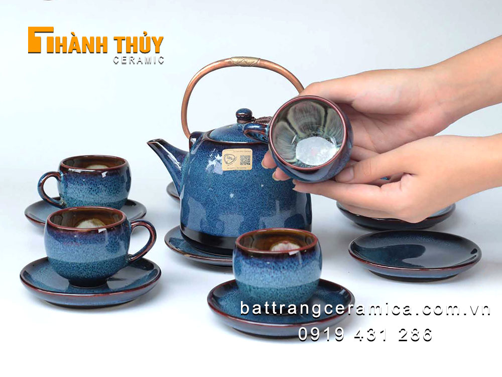 Ấm chén men hỏa biến xanh đại dương Bát Tràng cao cấp sang trọng