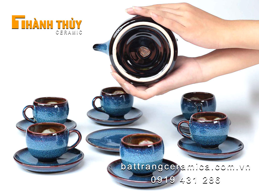 Ấm chén men hỏa biến xanh đại dương Bát Tràng cao cấp sang trọng