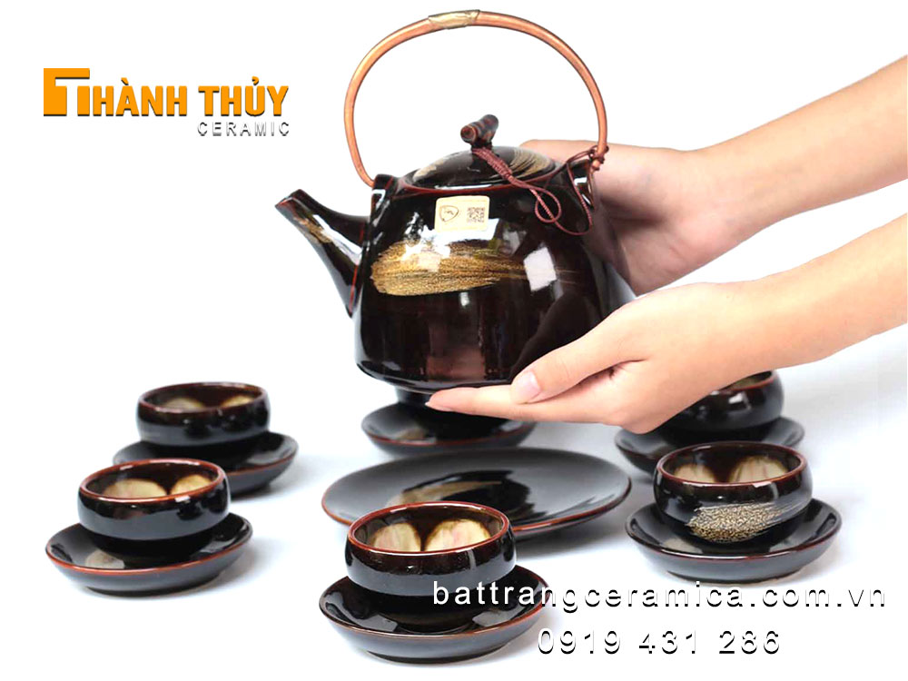 Bộ ấm chén men hỏa biến Bát Tràng siêu sang trọng tặng kèm bộ phụ kiện