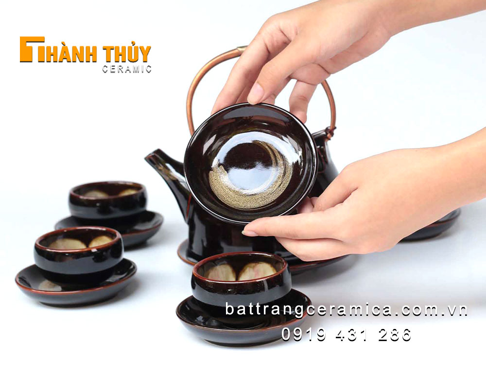 Bộ ấm chén men hỏa biến Bát Tràng siêu sang trọng tặng kèm bộ phụ kiện