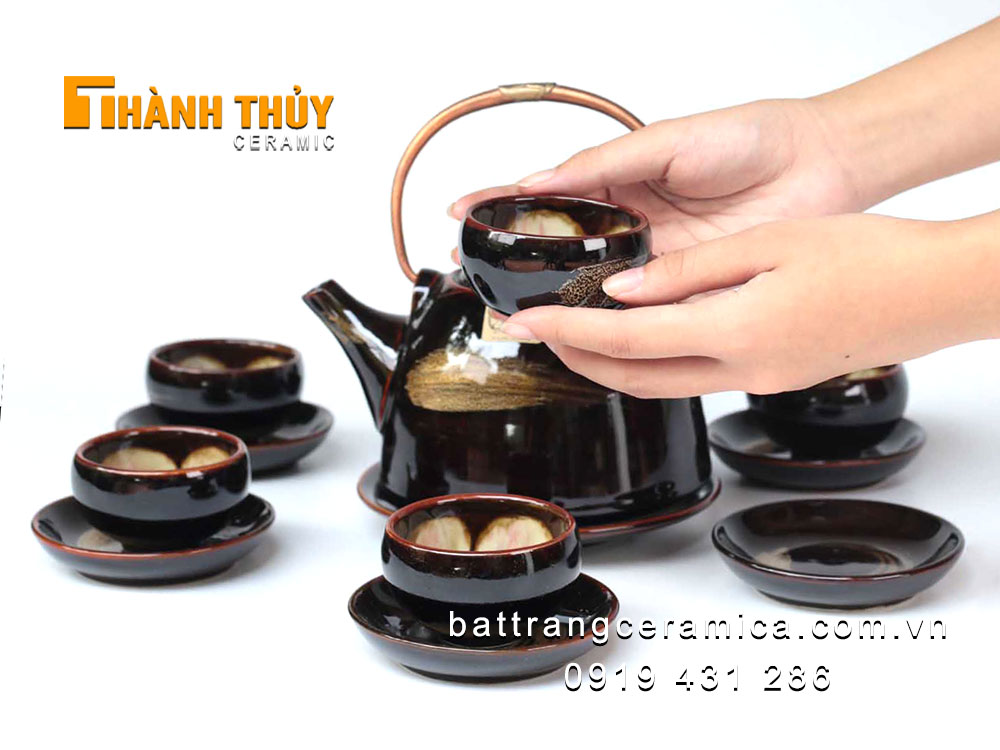 Bộ ấm chén men hỏa biến Bát Tràng siêu sang trọng tặng kèm bộ phụ kiện