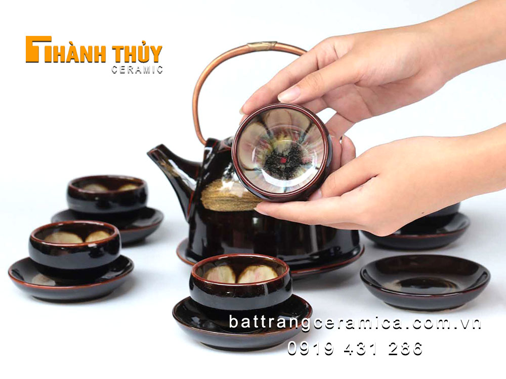 Bộ ấm chén men hỏa biến Bát Tràng siêu sang trọng tặng kèm bộ phụ kiện