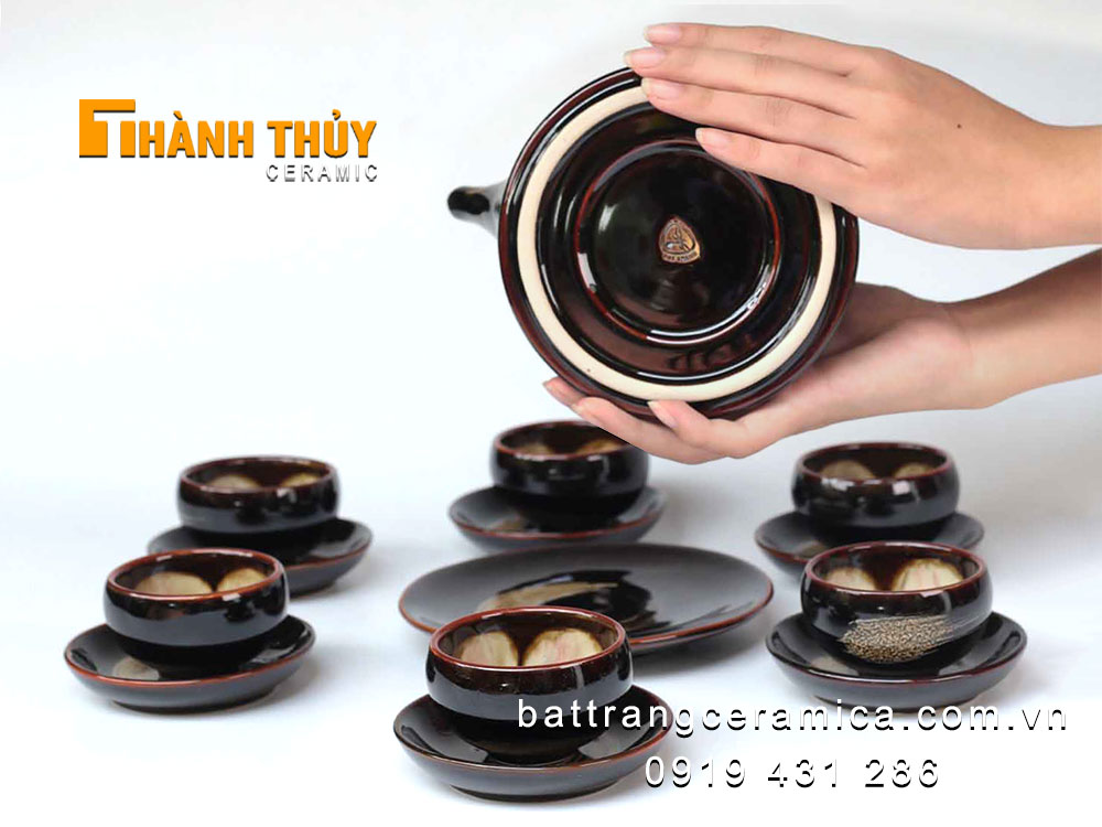 Bộ ấm chén men hỏa biến Bát Tràng siêu sang trọng tặng kèm bộ phụ kiện