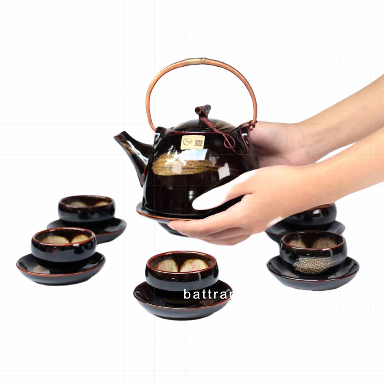 Bộ ấm chén men hỏa biến Bát Tràng siêu sang trọng tặng kèm bộ phụ kiện 
