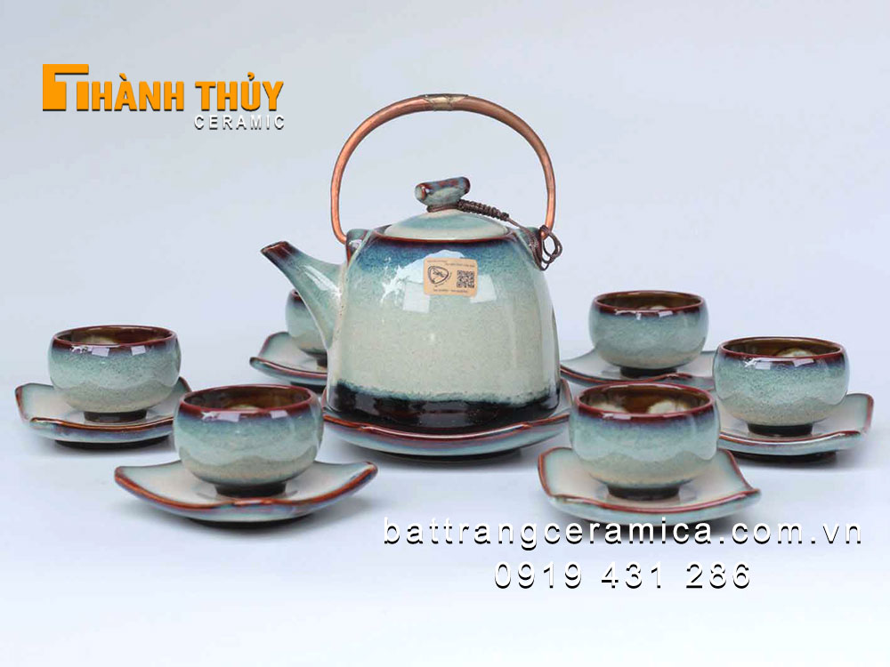 Bộ ấm chén xanh lơ dáng chuông men hỏa biến cao cấp Bát Tràng