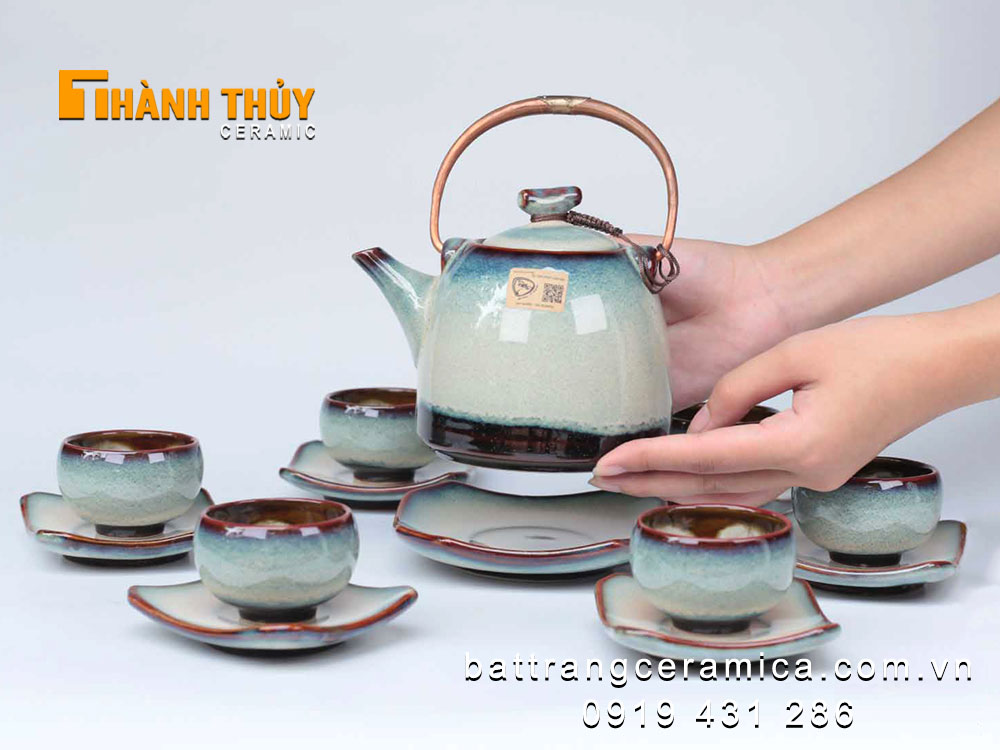 Bộ ấm chén xanh lơ dáng chuông men hỏa biến cao cấp Bát Tràng