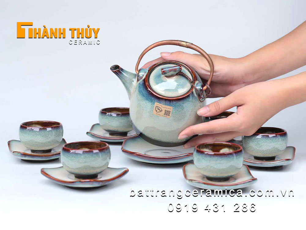 Bộ ấm chén xanh lơ dáng chuông men hỏa biến cao cấp Bát Tràng