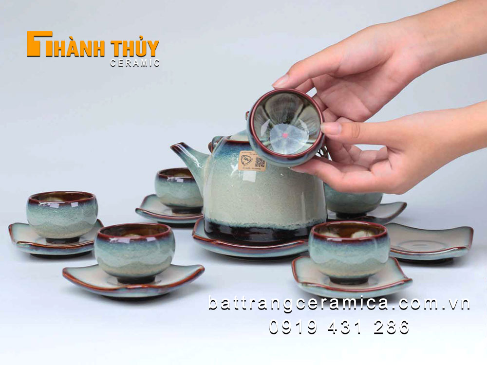 Bộ ấm chén xanh lơ dáng chuông men hỏa biến cao cấp Bát Tràng