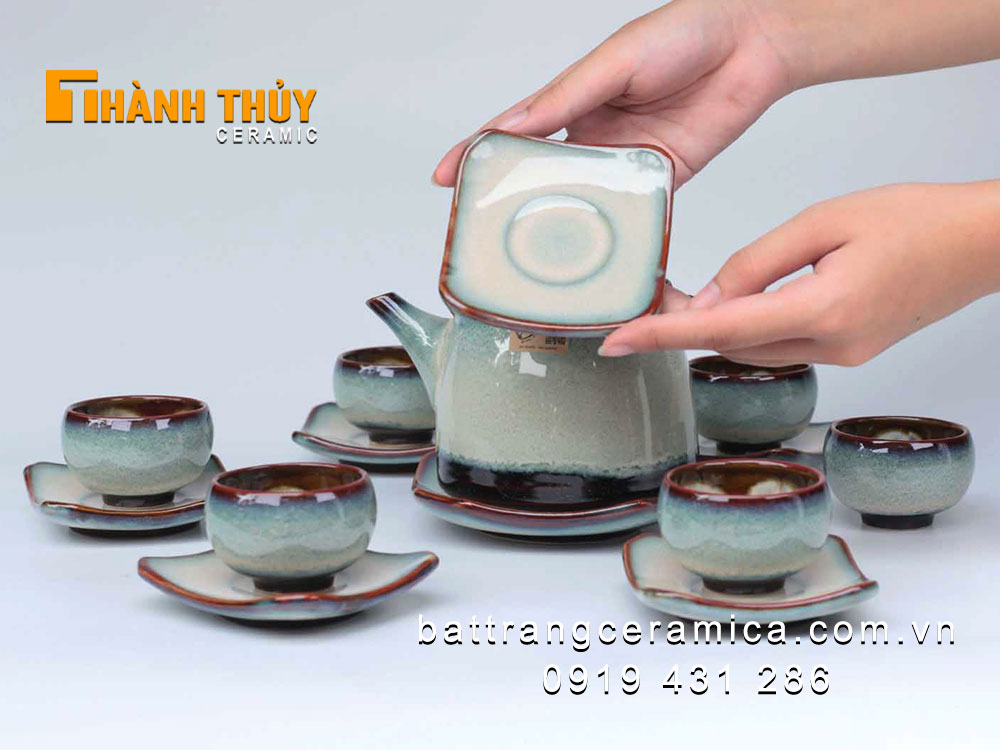 Bộ ấm chén xanh lơ dáng chuông men hỏa biến cao cấp Bát Tràng