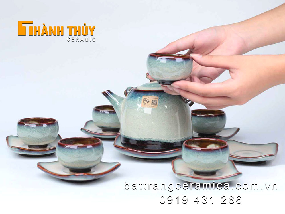 Bộ ấm chén xanh lơ dáng chuông men hỏa biến cao cấp Bát Tràng