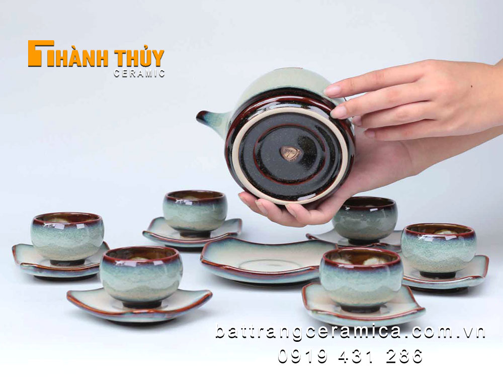 Bộ ấm chén xanh lơ dáng chuông men hỏa biến cao cấp Bát Tràng