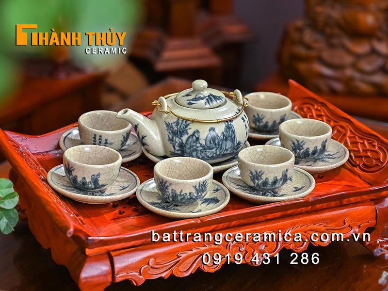 Bộ ấm chén men rạn cổ Trúc Lâm thất hiền cao cấp Bát Tràng đẹp
