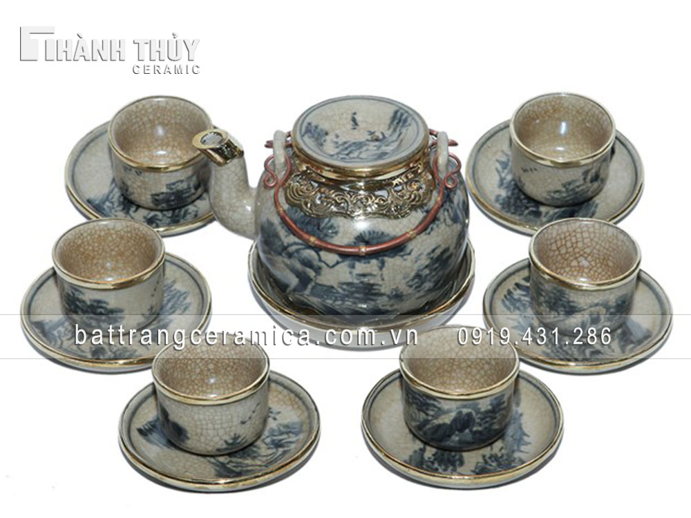 Bộ ấm chén rạn cổ nắp Lõm bọc đồng tinh xảo, quà tặng ý nghĩa
