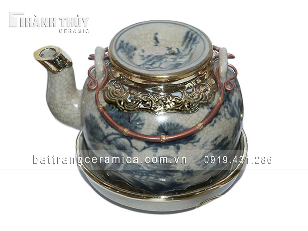 Bộ ấm chén rạn cổ nắp Lõm bọc đồng tinh xảo, quà tặng ý nghĩa