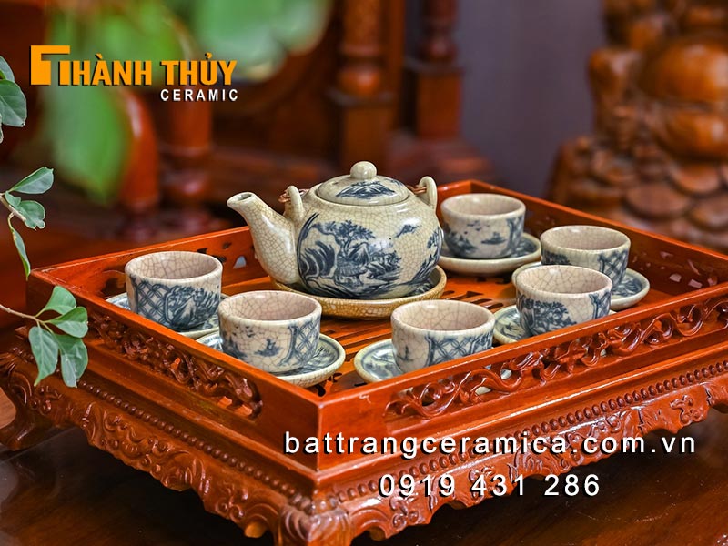 Bộ ấm chén Bát Tràng men rạn giả cổ cao cấp, quà tặng trà đạo 