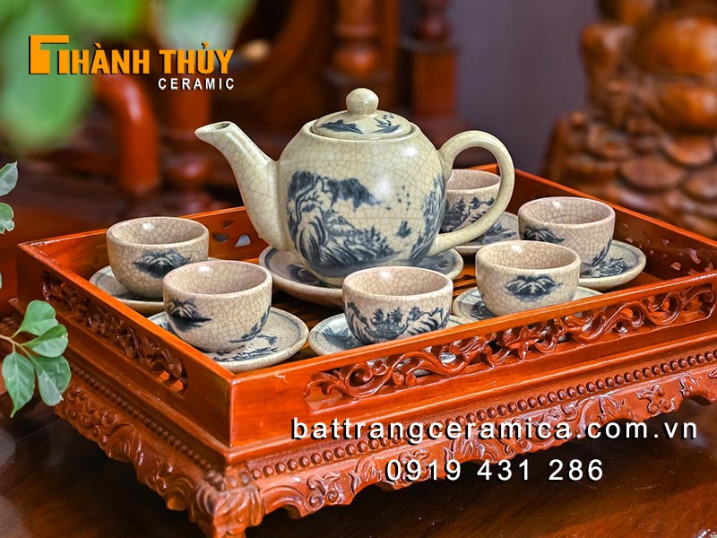 Bộ ấm chén giả cổ sơn thủy cao cấp quà tặng trà đạo sang trọng 