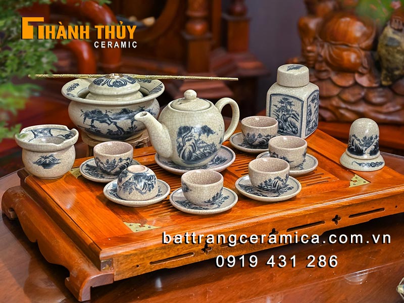 Bộ ấm chén Minh Long men rạn giả cổ cao cấp phong cách Bát Tràng 